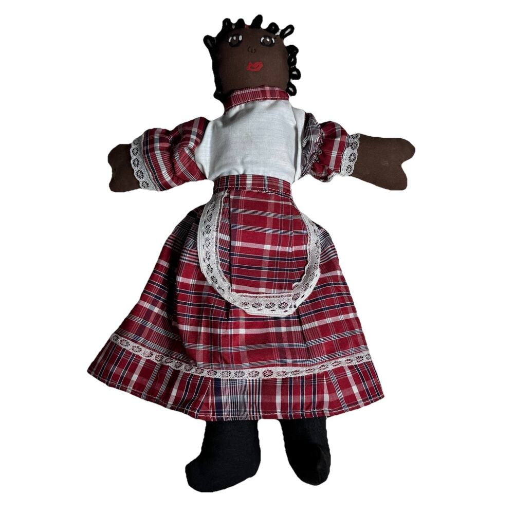 Handmade African American Cloth Rag Doll Red Plaid Dress Soft Primitive Folk Art